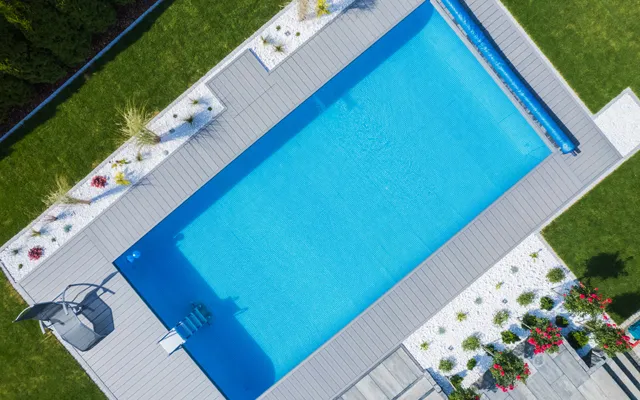 Backyard swimming pool overhead view